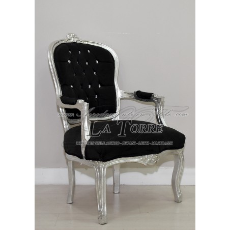 Barocker Futè-Sessel im Stil Louis XV mit Armlehnen, silber-schwarzer Samt, AR1114