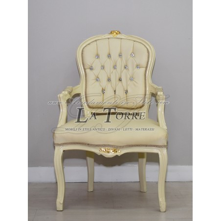 Poltrona futè sedia braccioli Luigi XV avorio oro ecopelle champagne barocco AR1114