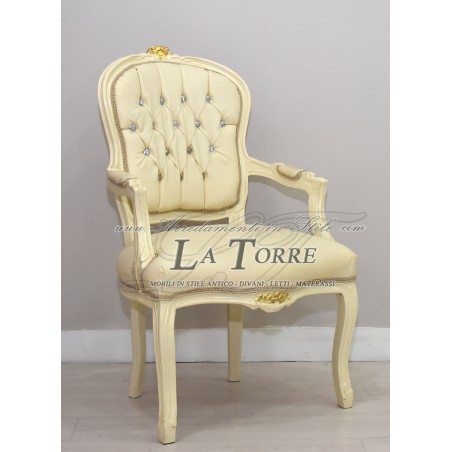 Poltrona futè sedia braccioli Luigi XV avorio oro ecopelle champagne barocco AR1114