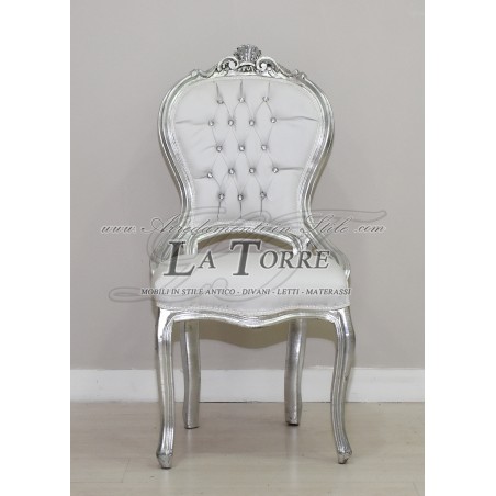 Sedia Poltrona Luigi XV Barocco Impero argento ecopelle bianca AL7780