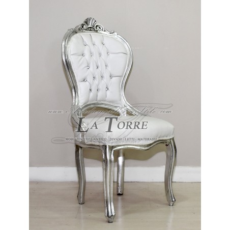 Sedia Poltrona Luigi XV Barocco Impero argento ecopelle bianca AL7780