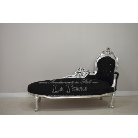Dormeuse divano barocco panca foglia argento velluto nero 150 cm AR9091