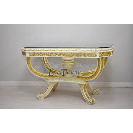 Octagonal table for living room Baroque ivory pickled Louis XV glass top AL6668