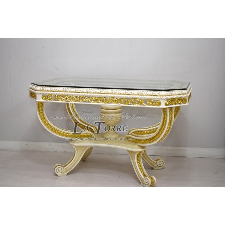 Octagonal table for living room Baroque ivory pickled Louis XV glass top AL6668