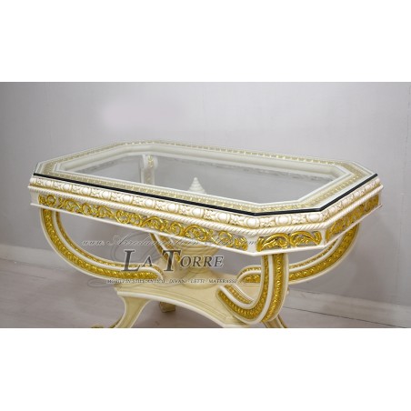 Octagonal table for living room Baroque ivory pickled Louis XV glass top AL6668