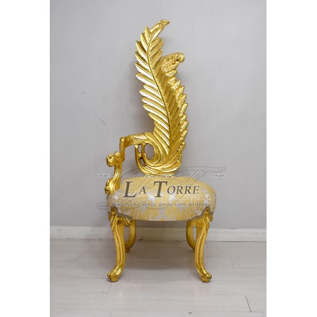 Poltrona trono Luigi XV barocco sedia piuma h160 oro tessuto damascato AL6972