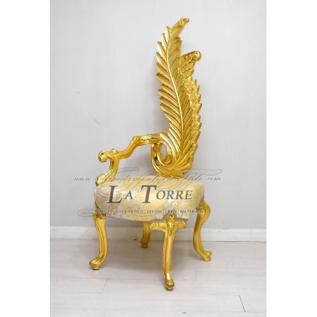 Poltrona trono Luigi XV barocco sedia piuma h160 oro tessuto damascato AL6972