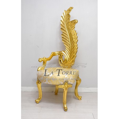 Poltrona trono Luigi XV barocco sedia piuma h160 oro tessuto damascato AL6972