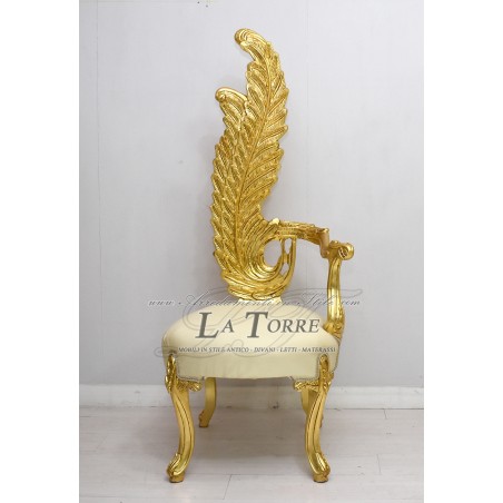 Poltrona trono Luigi XV barocco sedia piuma h160 oro ecopelle champagne AL6972