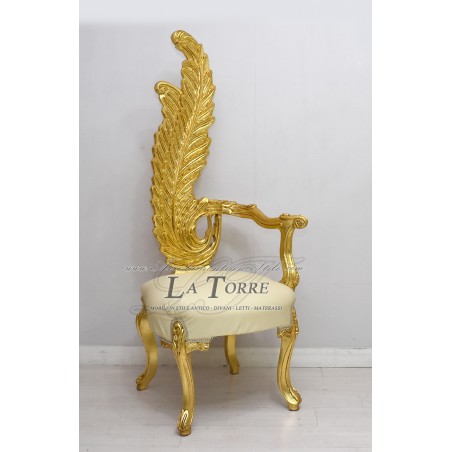 Poltrona trono Luigi XV barocco sedia piuma h160 oro ecopelle champagne AL6972