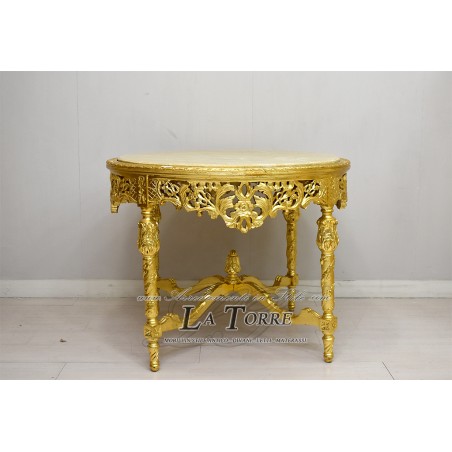 Runder Esstisch aus geschnitztem Holz, Goldmarmor, Louis XV Barock LT3122
