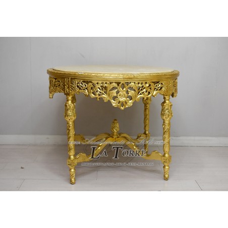 Runder Esstisch aus geschnitztem Holz, Goldmarmor, Louis XV Barock LT3122