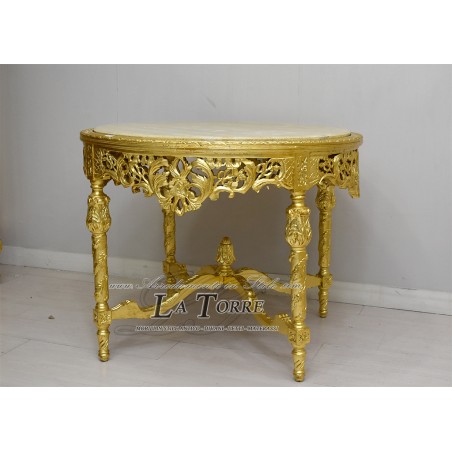 Runder Esstisch aus geschnitztem Holz, Goldmarmor, Louis XV Barock LT3122