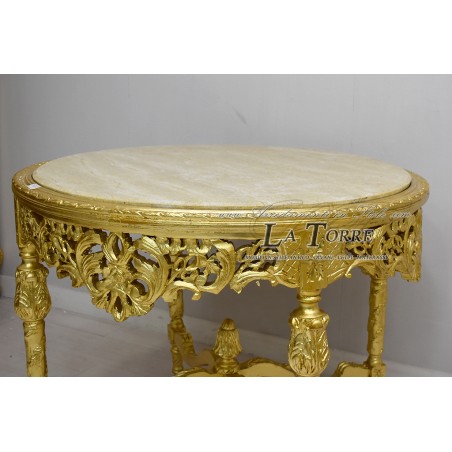 Runder Esstisch aus geschnitztem Holz, Goldmarmor, Louis XV Barock LT3122