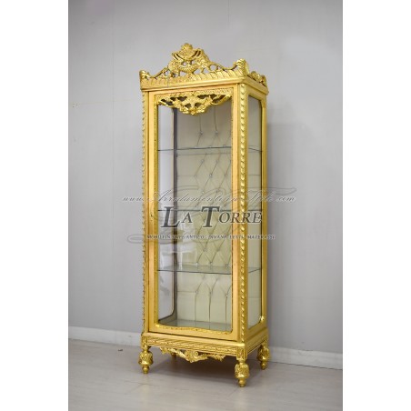 Louis XV Barock-Vitrinenschrank aus vergoldetem Glas mit champagnerfarbenem Kunstleder und Swarovski-Kristallen AL3035