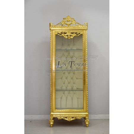 Louis XV Barock-Vitrinenschrank aus vergoldetem Glas mit champagnerfarbenem Kunstleder und Swarovski-Kristallen AL3035