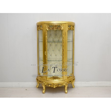 Halbmondförmige Vitrine im Louis-XV-Barockstil, Gold, champagnerfarbenes Kunstleder, Swarovski AL5760