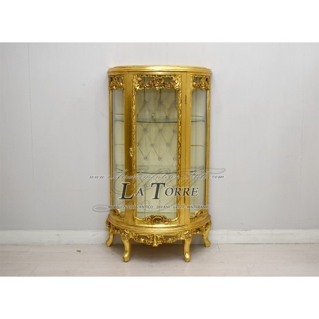 Halbmondförmige Vitrine im Louis-XV-Barockstil, Gold, champagnerfarbenes Kunstleder, Swarovski AL5760