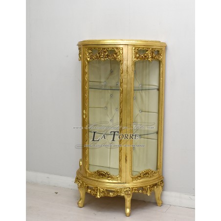 Halbmondförmige Vitrine im Louis-XV-Barockstil, Gold, champagnerfarbenes Kunstleder, Swarovski AL5760