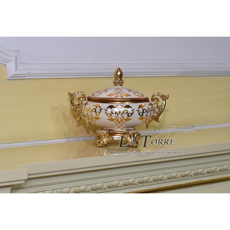 Porta cioccolatini scrigno centro tavola ceramica avorio oro soprammobile DS21