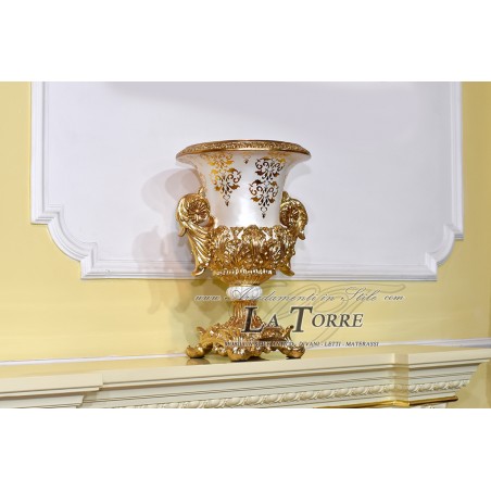 Amphorenbecher, Keramik-Mittelstück, elfenbeinfarbene Vase, Krater, großes Goldornament DS18
