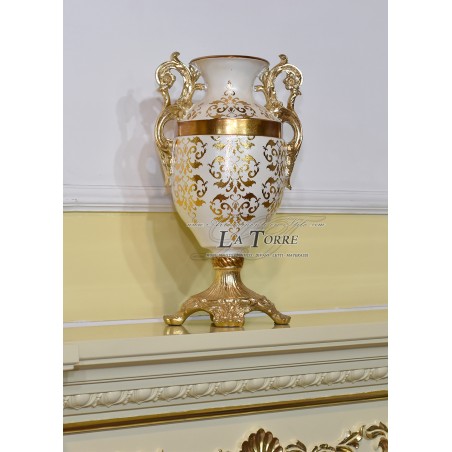 Amphore mit Henkeln, Keramik-Mittelstück, elfenbeinfarbene Vase, Goldornament DS37