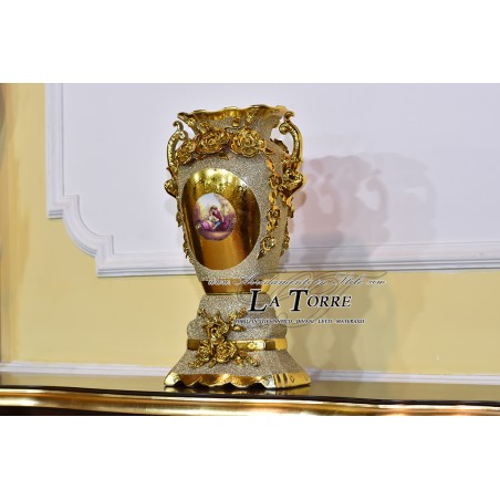 Porcellana dipinta a mano Vaso anfora Porta fiori coppa con manici oro Po05