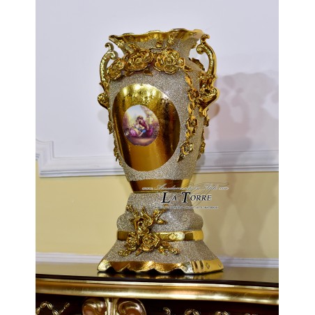 Porcellana dipinta a mano Vaso anfora Porta fiori coppa con manici oro Po05