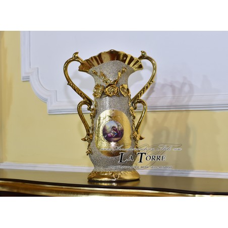 Porcellana dipinta a mano Vaso anfora Portafiori coppa con manici oro Po07