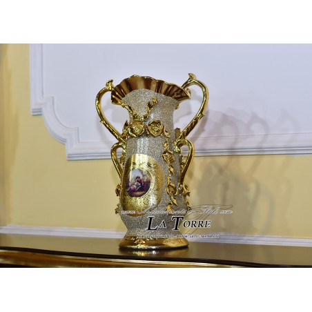 Porcellana dipinta a mano Vaso anfora Portafiori coppa con manici oro Po09
