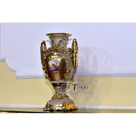 Porcellana dipinta a mano Vaso anfora Portafiori coppa con manici oro Po11