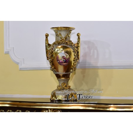 Porcellana dipinta a mano Vaso anfora Portafiori coppa con manici oro Po11