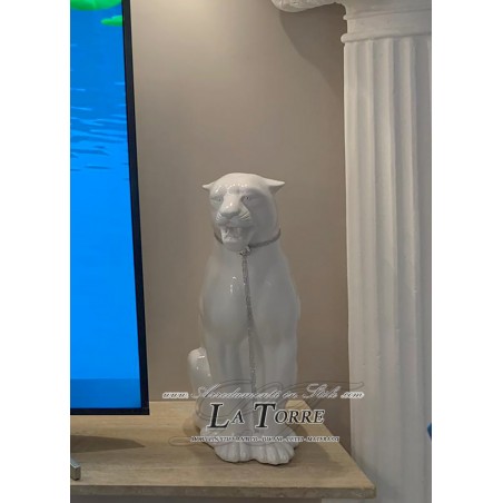 White panther leopard puma sculpture statue with swarovski animals ceramic h70