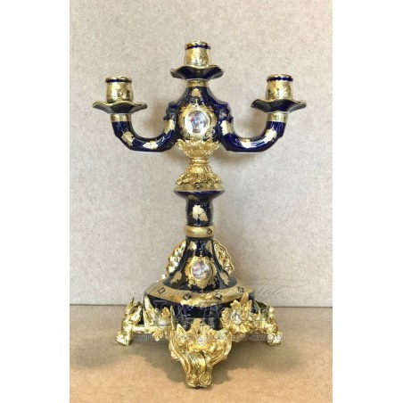 Dreiflammiger Kandelaber, blau-goldenes Porzellan, im Jugendstil bemalt, P36