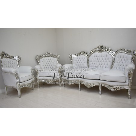 Sofa Armchair Germany Coffee Table Baroque Silver Leaf White Faux Leather Swarovski AL1243