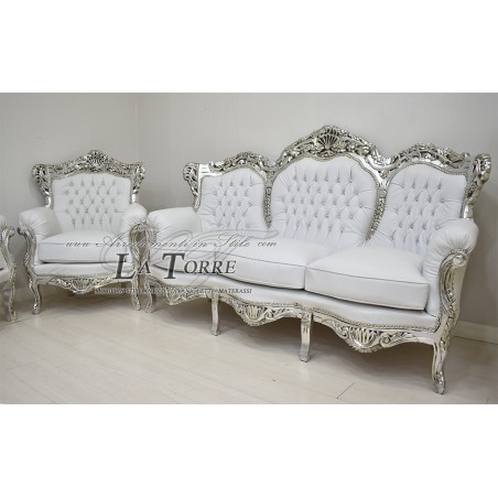 Sofa Armchair Germany Coffee Table Baroque Silver Leaf White Faux Leather Swarovski AL1243