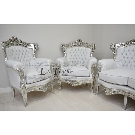 Sofa Armchair Germany Coffee Table Baroque Silver Leaf White Faux Leather Swarovski AL1243