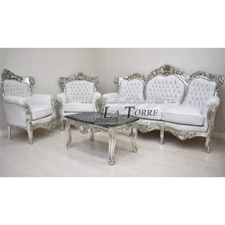 Sofa Armchair Germany Coffee Table Baroque Silver Leaf White Faux Leather Swarovski AL1243