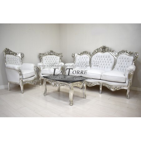 Sofa Armchair Germany Coffee Table Baroque Silver Leaf White Faux Leather Swarovski AL1243