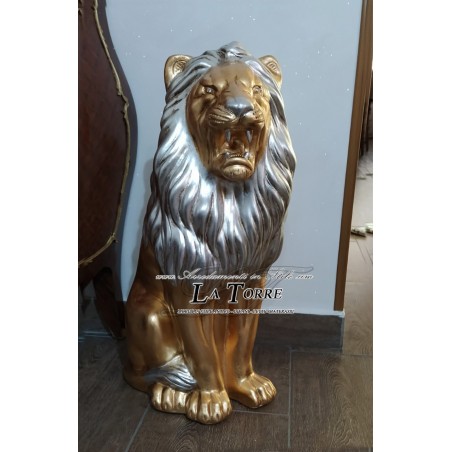 Animali in ceramica scultura Leone bocca aperta foglia oro criniera argento swarovski H70cm PR13