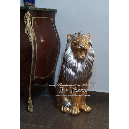 Animali in ceramica scultura Leone bocca aperta foglia oro criniera argento swarovski H70cm PR13