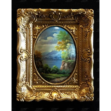 Quadro barocco antico dipinto olio medaglione oro paesaggio di campagna 60x50 D13