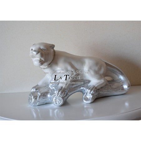 Keramik-Tierstatue, weißer Panther, silberfarben, wild, auf einem Ast, Swarovski H20 PR26