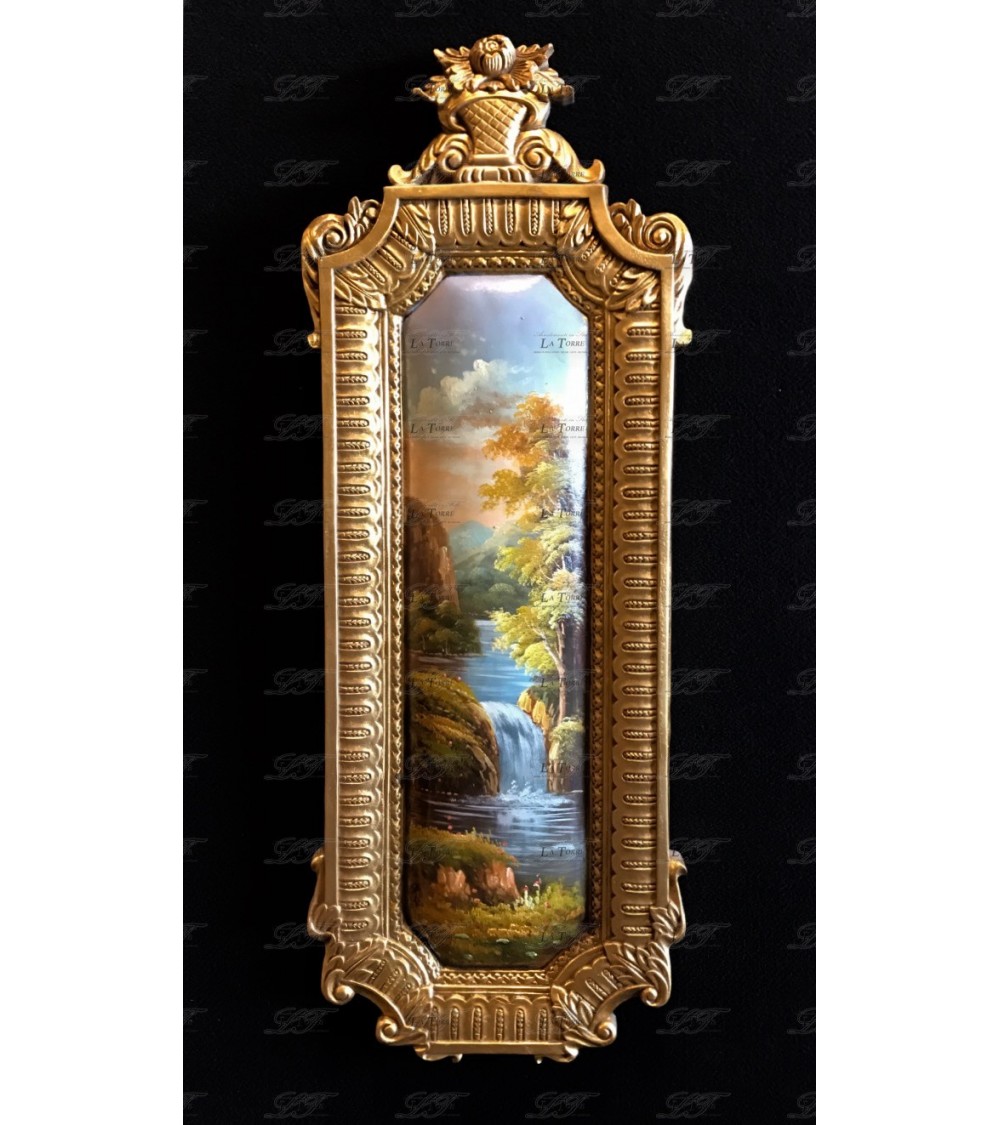 Quadro barocco antico dipinto olio medaglione verticale oro paesaggio 110x40 D18
