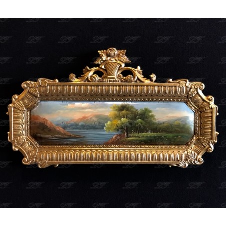Quadro barocco antico dipinto olio medaglione orizzontale oro paesaggio 52x95 D21