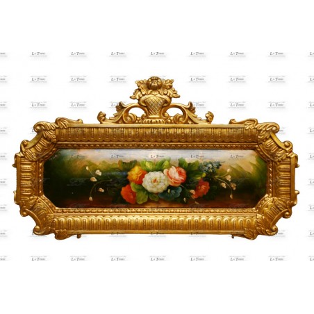 Quadro barocco antico dipinto olio medaglione orizzontale oro fiori 52x95 D22