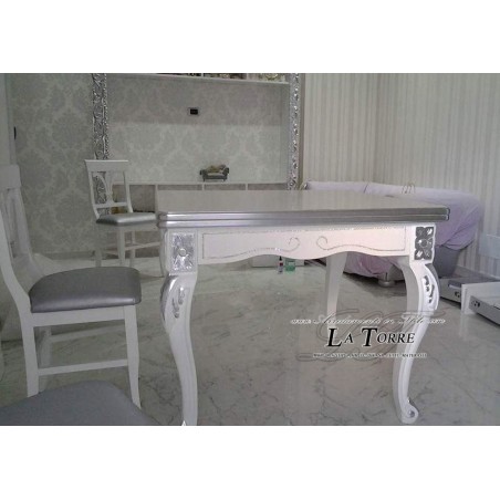 Classic baroque rectangular dining table 150 cm extendable 200 white silver in wood TA01