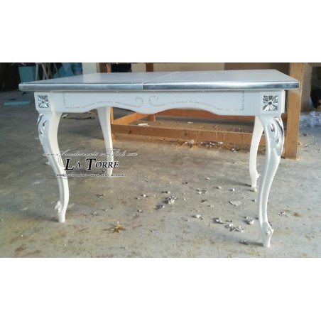 Tavolo rettangolare da pranzo classico barocco 150 cm allungabile 200 bianco argento in legno TA01