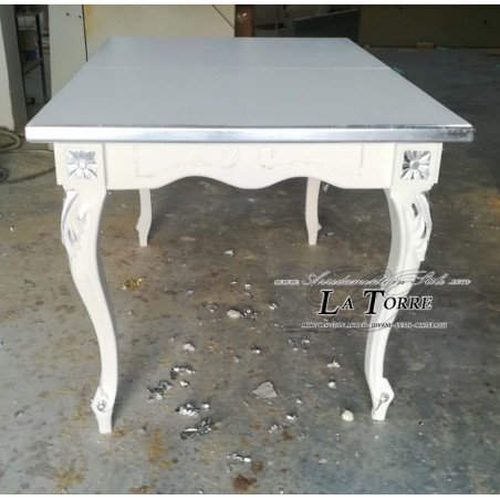 Classic baroque rectangular dining table 150 cm extendable 200 white silver in wood TA01