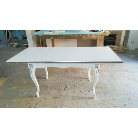 Tavolo rettangolare da pranzo classico barocco 150 cm allungabile 200 bianco argento in legno TA01